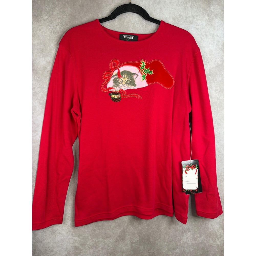VTG NWT Designers Originals Studio Top Womens XL Red Christmas Kitten Holiday